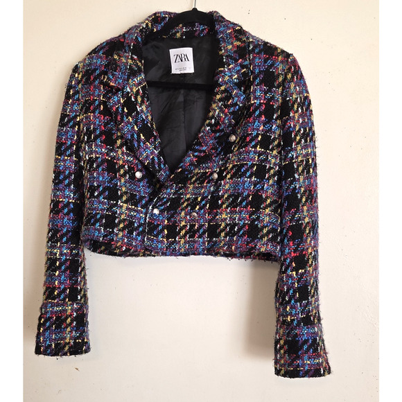 Zara Cropped Blazer Short Jacket Women's Sz XL Colorful Multi Double Breasted - Picture 1 of 16